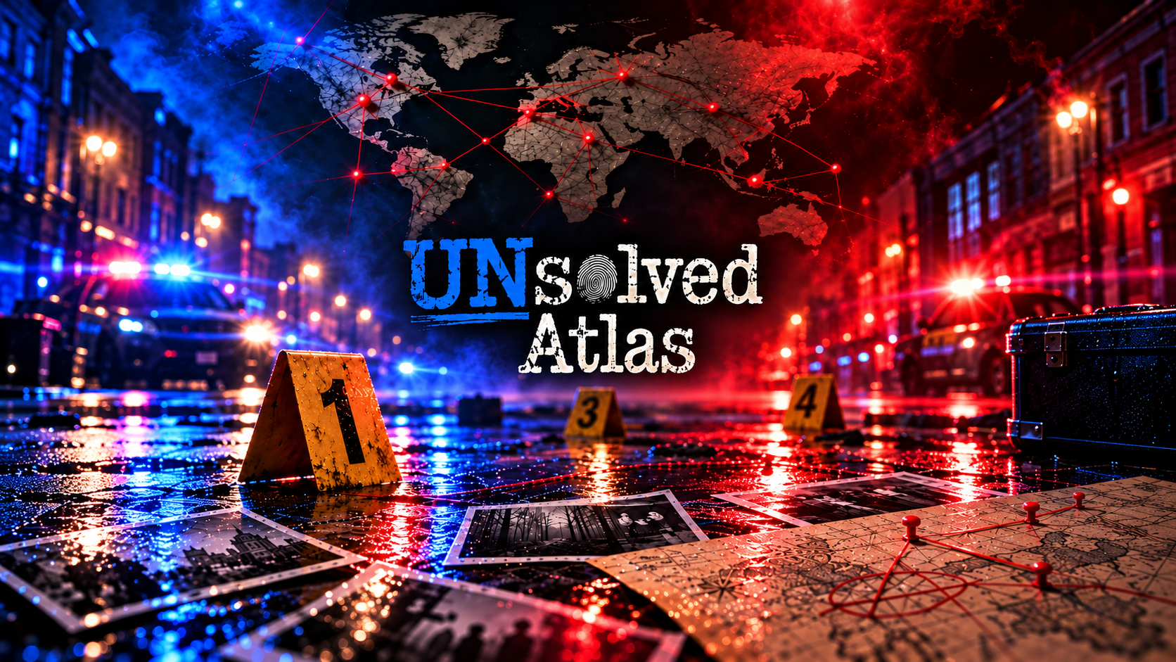 Unsolved Atlas artwork: a world map connected by red pins above a rain-soaked crime scene illuminated in blue and red.